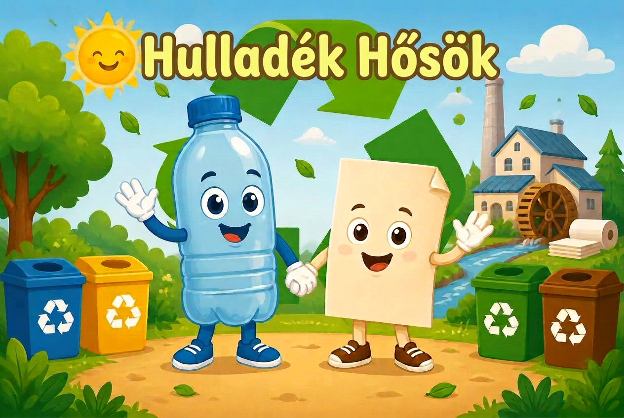 Hulladék Hősök nyitókép: Pilla, a mosolygó PET-palack és Lapocska, a papírlap kézen fogva a zöld újrahasznosítás jele előtt